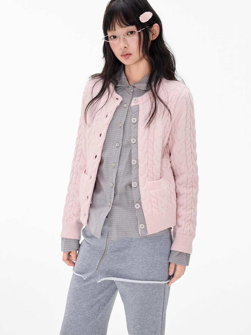EZEK Cable Plaid Spliced Button Front Relaxed Fit Women's Knit Cardigans