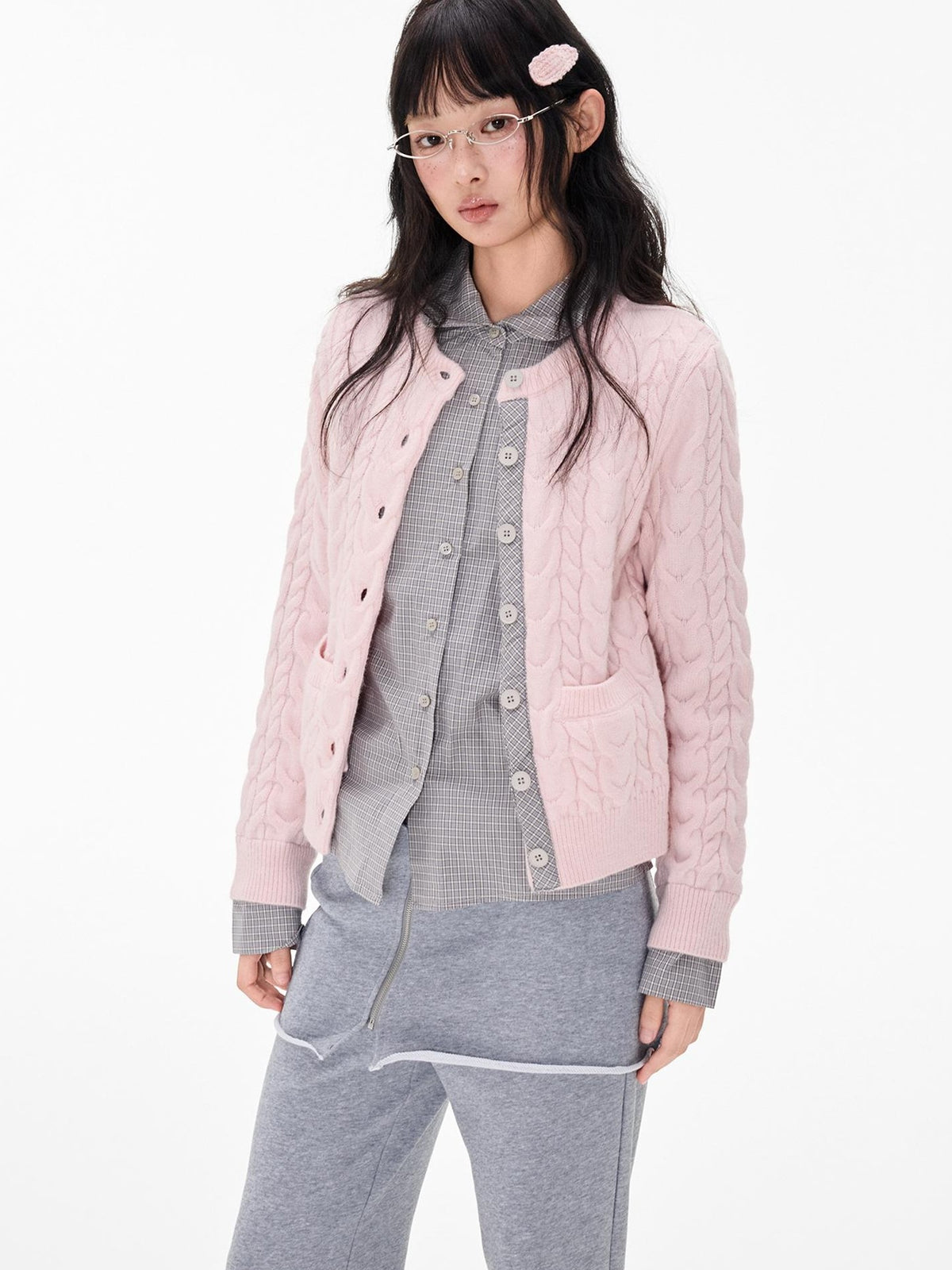 EZEK Cable Plaid Spliced Button Front Relaxed Fit Women's Knit Cardigans