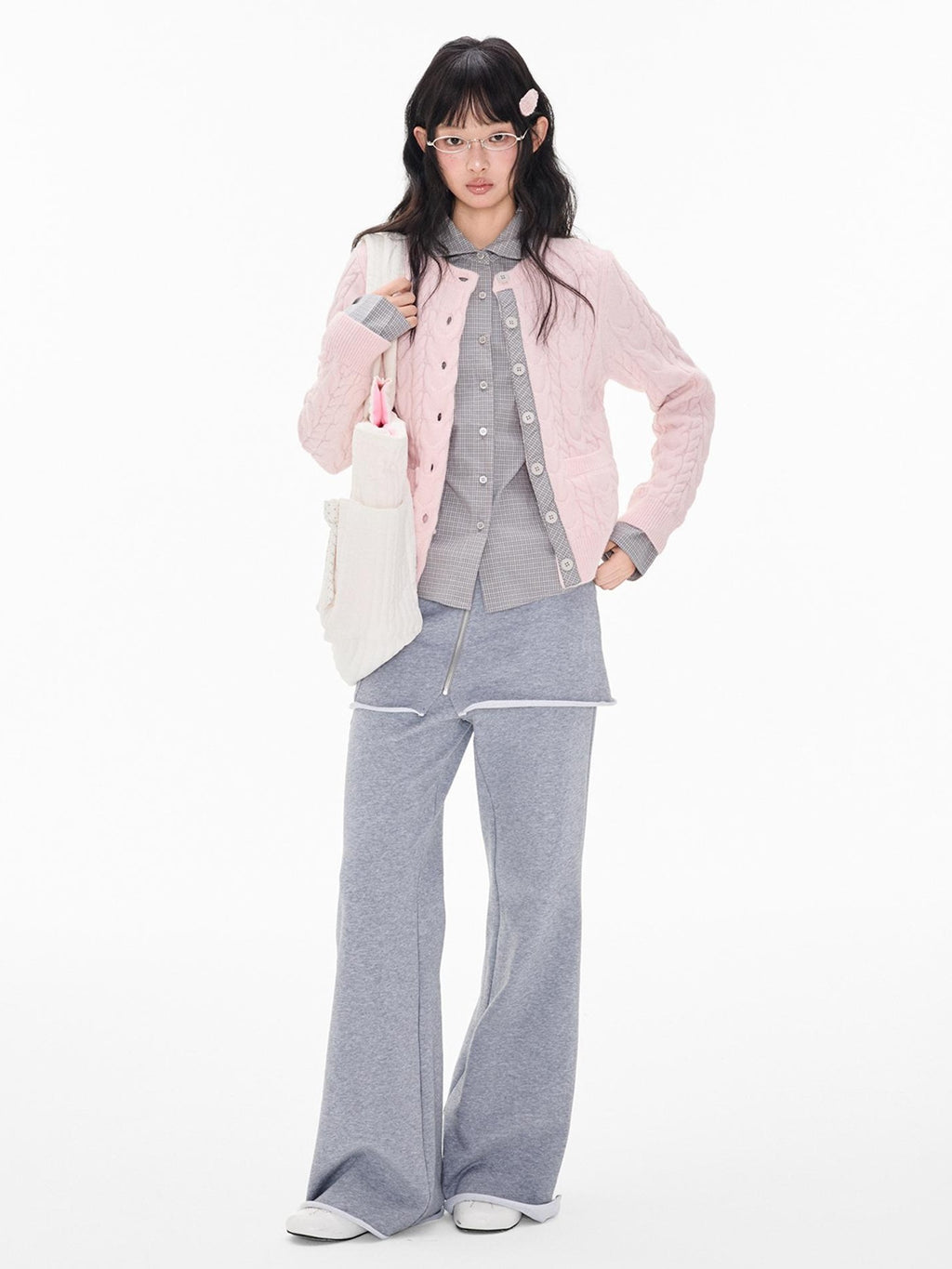 EZEK Cable Plaid Spliced Button Front Relaxed Fit Women's Knit Cardigans