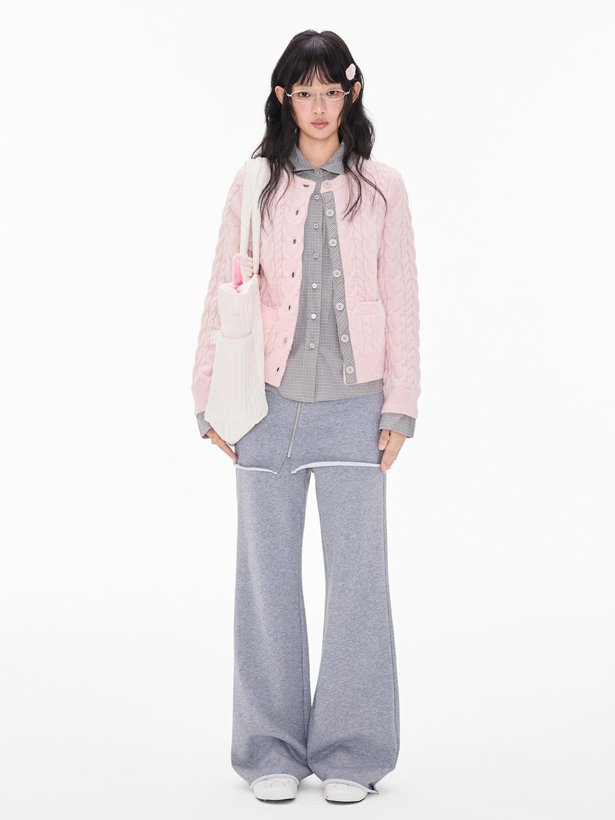 EZEK Cable Plaid Spliced Button Front Relaxed Fit Women's Knit Cardigans