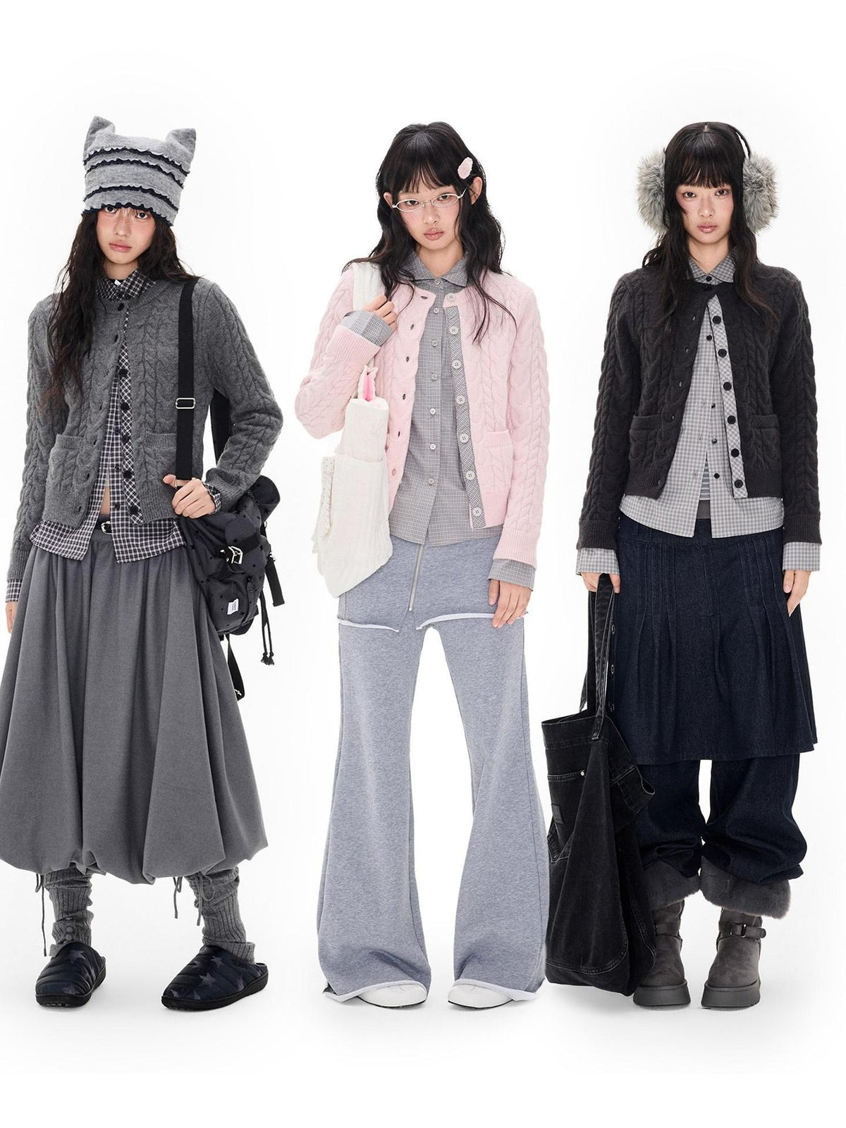 EZEK Cable Plaid Spliced Button Front Relaxed Fit Women's Knit Cardigans