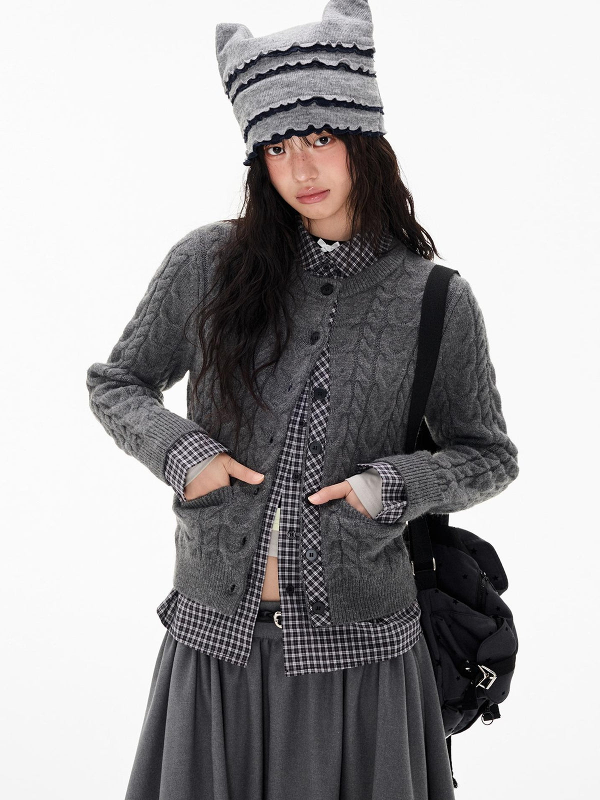 EZEK Cable Plaid Spliced Button Front Relaxed Fit Women's Knit Cardigans