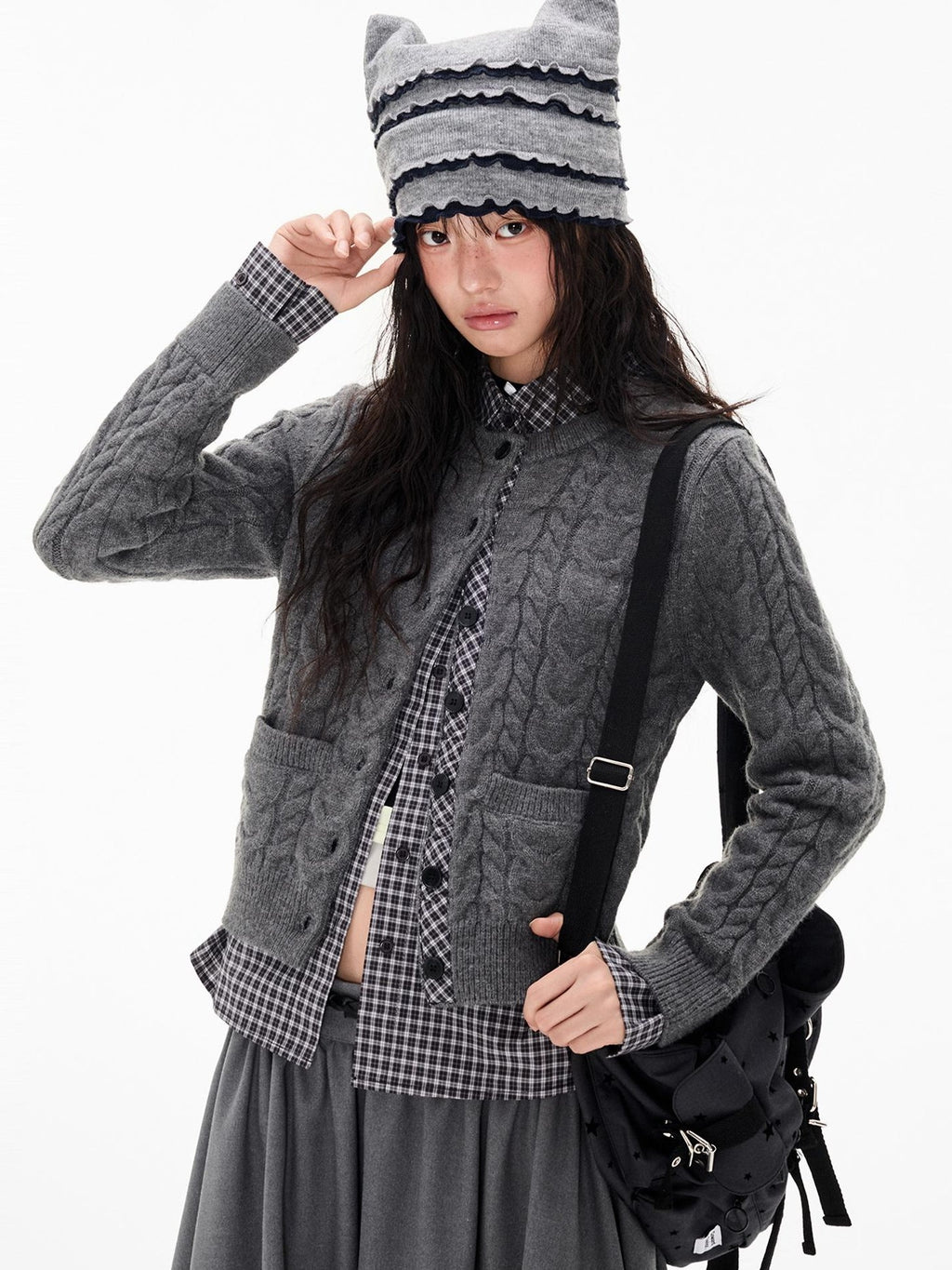 EZEK Cable Plaid Spliced Button Front Relaxed Fit Women's Knit Cardigans