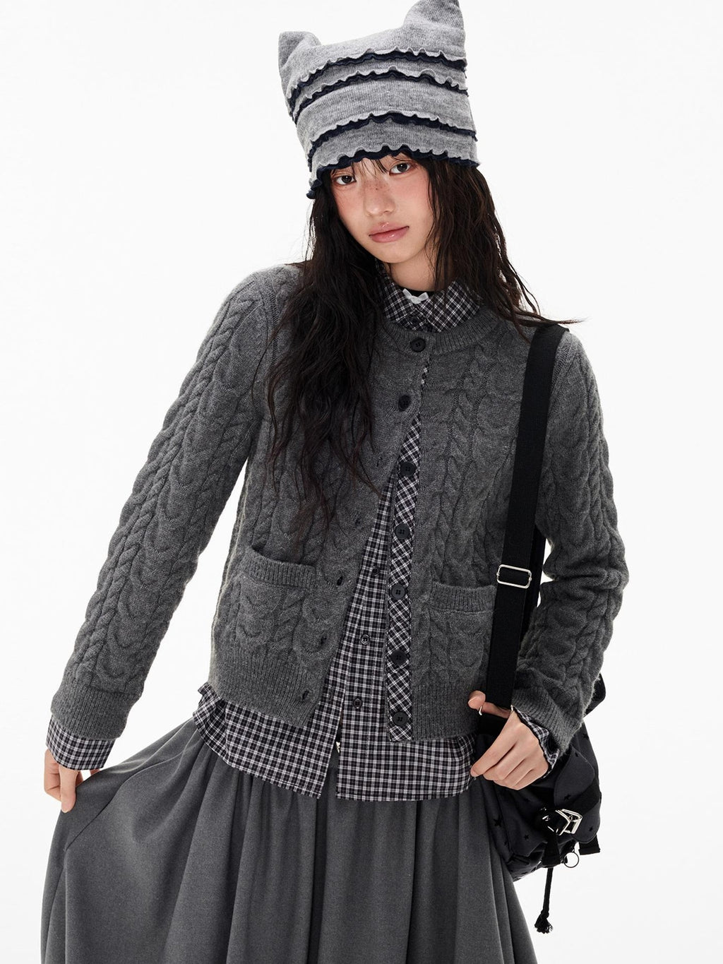 EZEK Cable Plaid Spliced Button Front Relaxed Fit Women's Knit Cardigans