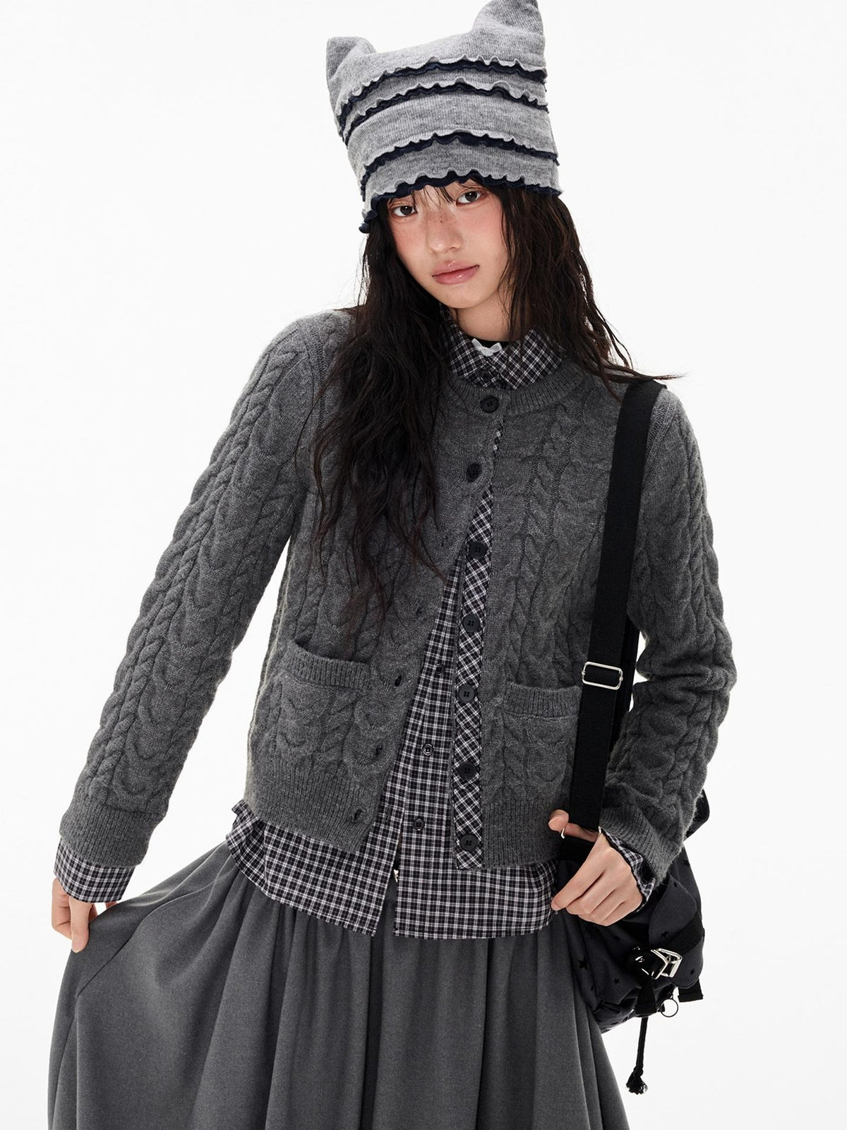EZEK Cable Plaid Spliced Button Front Relaxed Fit Women's Knit Cardigans