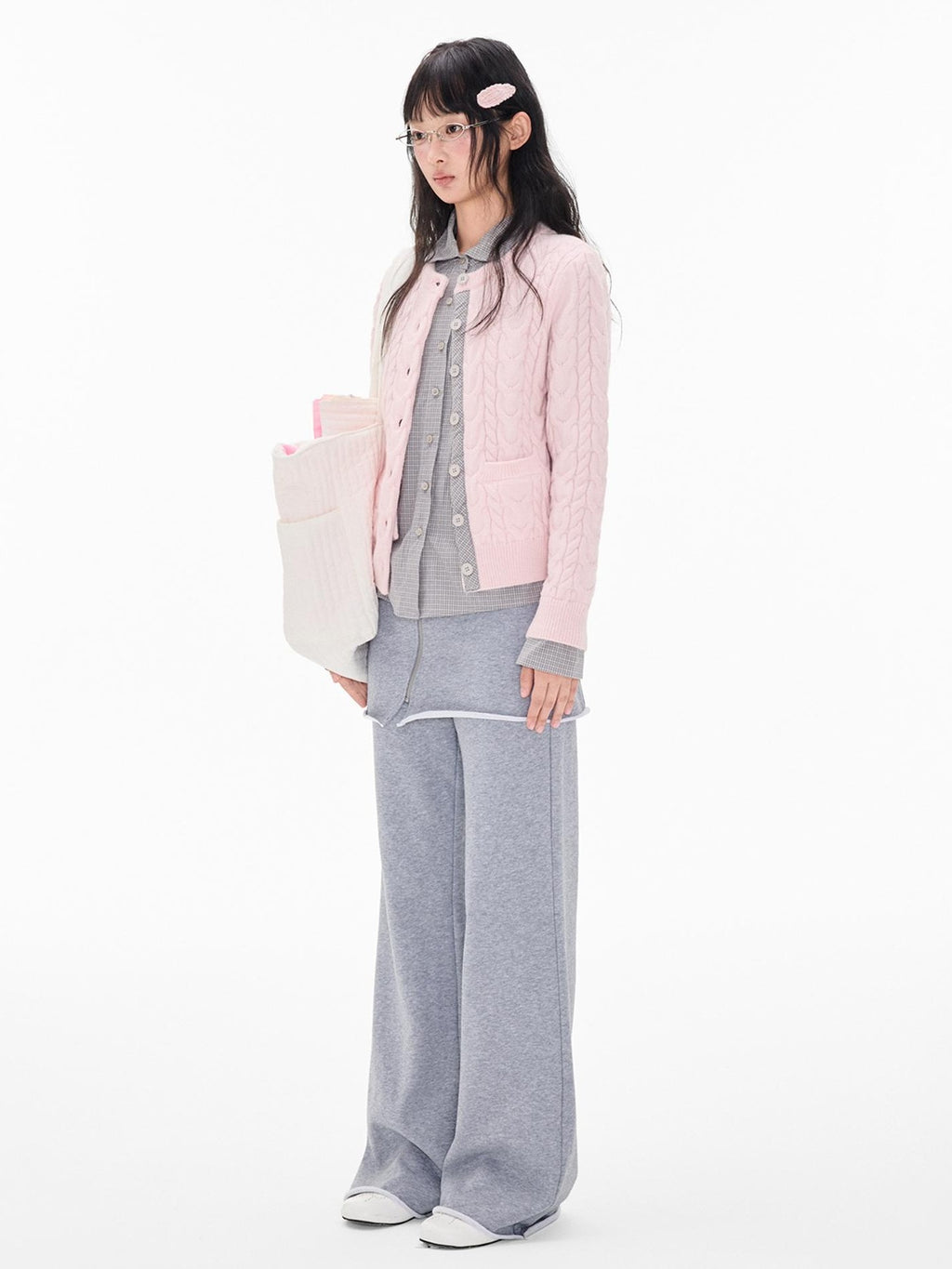 EZEK Cable Plaid Spliced Button Front Relaxed Fit Women's Knit Cardigans