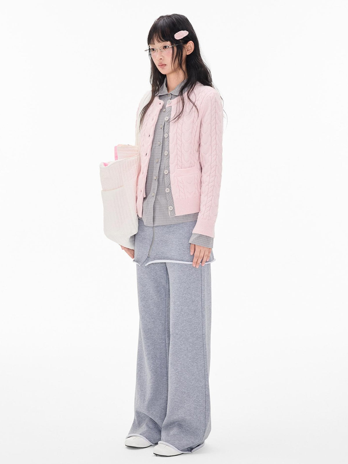 EZEK Cable Plaid Spliced Button Front Relaxed Fit Women's Knit Cardigans
