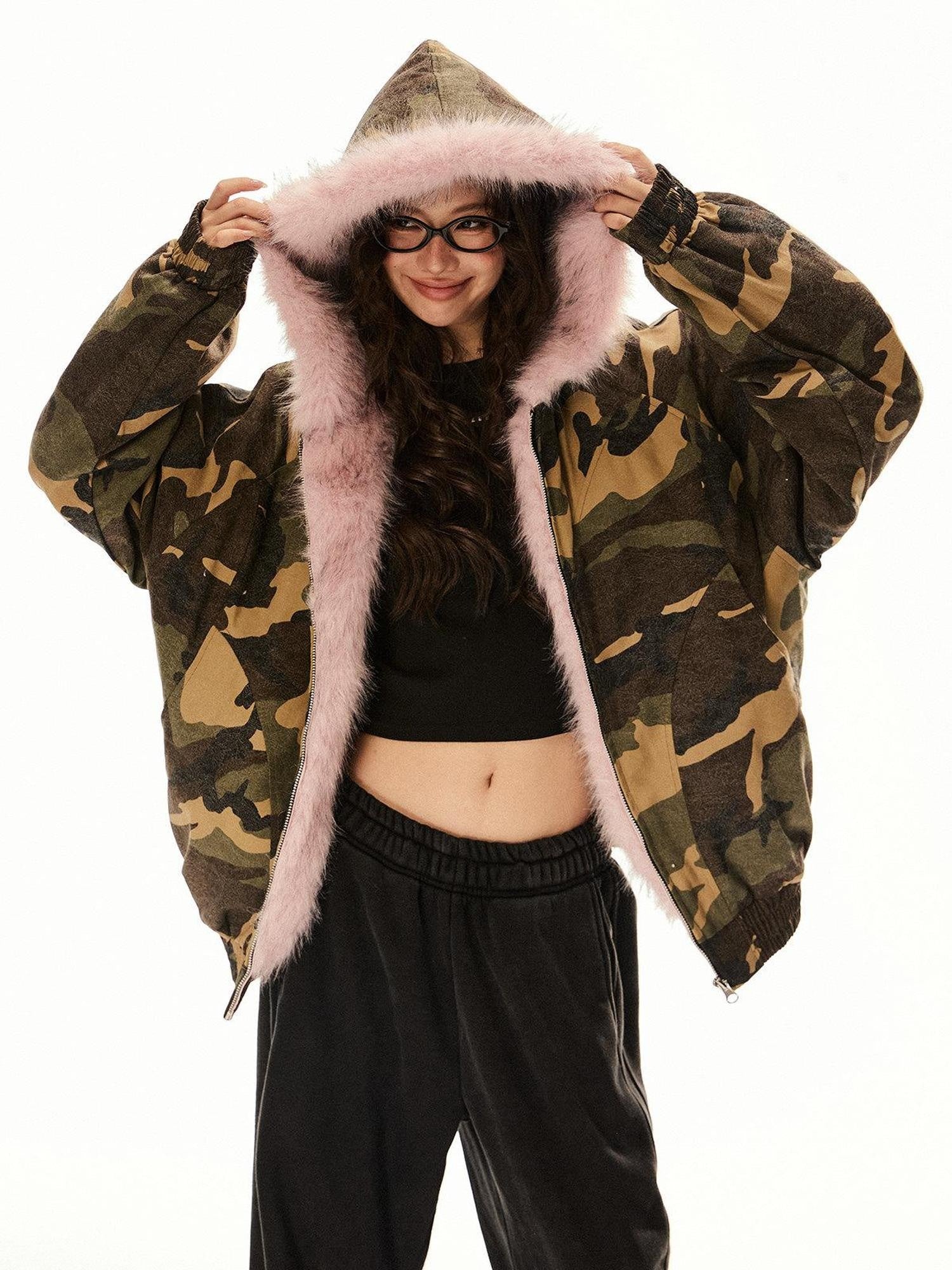 EZEK Camo Furry Hooded Workwear Zipper Women's 100 Percent Cotton Puffer Jackets