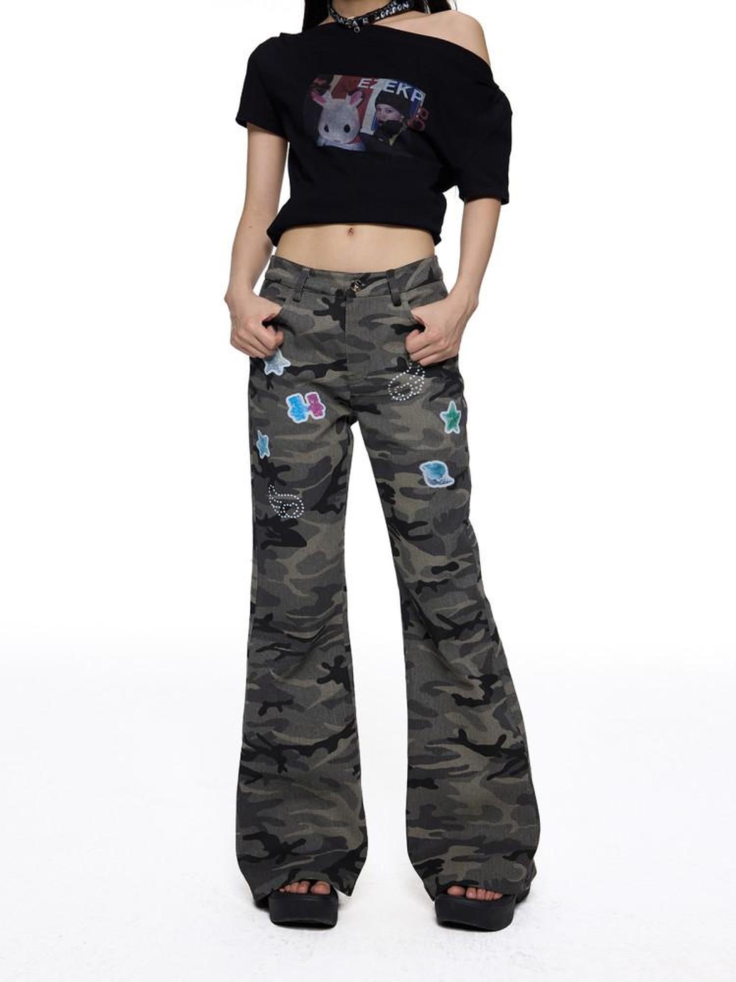 EZEK Camouflage Printed Slim Low Rise Women's Micro Elastic Flare Jeans