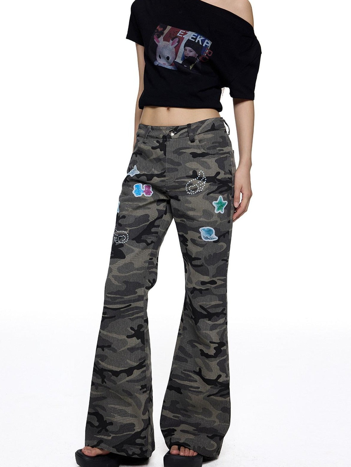 EZEK Camouflage Printed Slim Low Rise Women's Micro Elastic Flare Jeans
