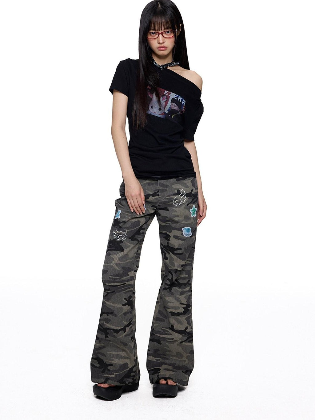 EZEK Camouflage Printed Slim Low Rise Women's Micro Elastic Flare Jeans