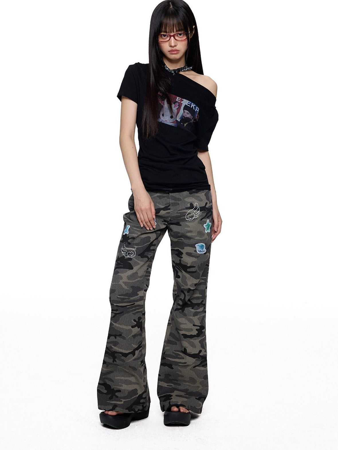 EZEK Camouflage Printed Slim Low Rise Women's Micro Elastic Flare Jeans