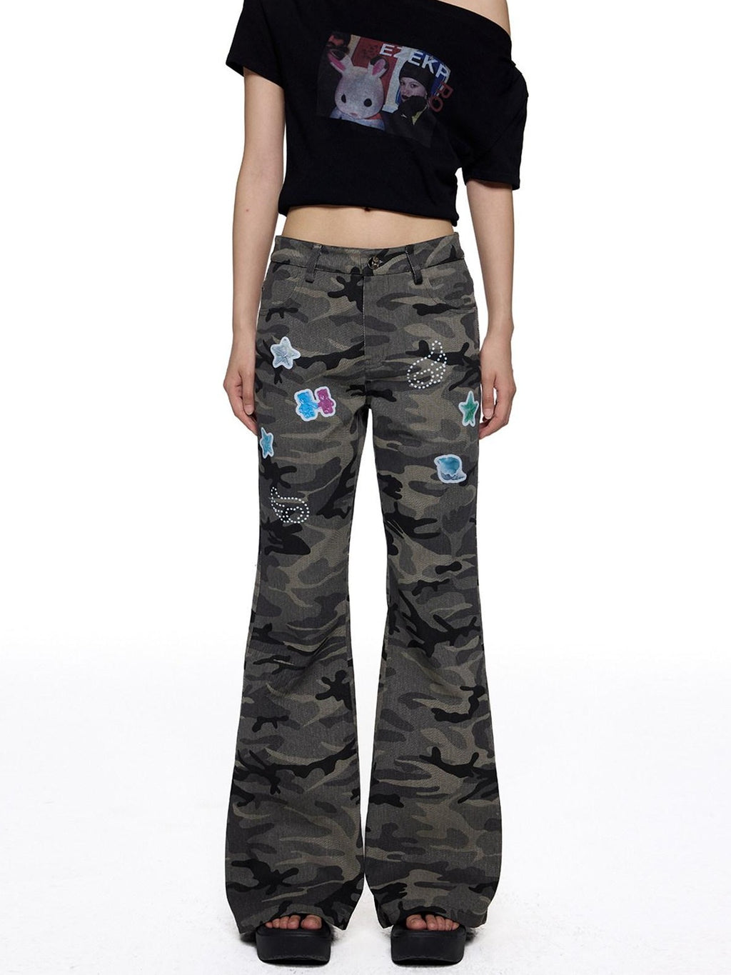 EZEK Camouflage Printed Slim Low Rise Women's Micro Elastic Flare Jeans