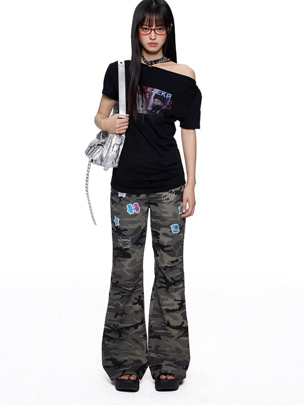 EZEK Camouflage Printed Slim Low Rise Women's Micro Elastic Flare Jeans