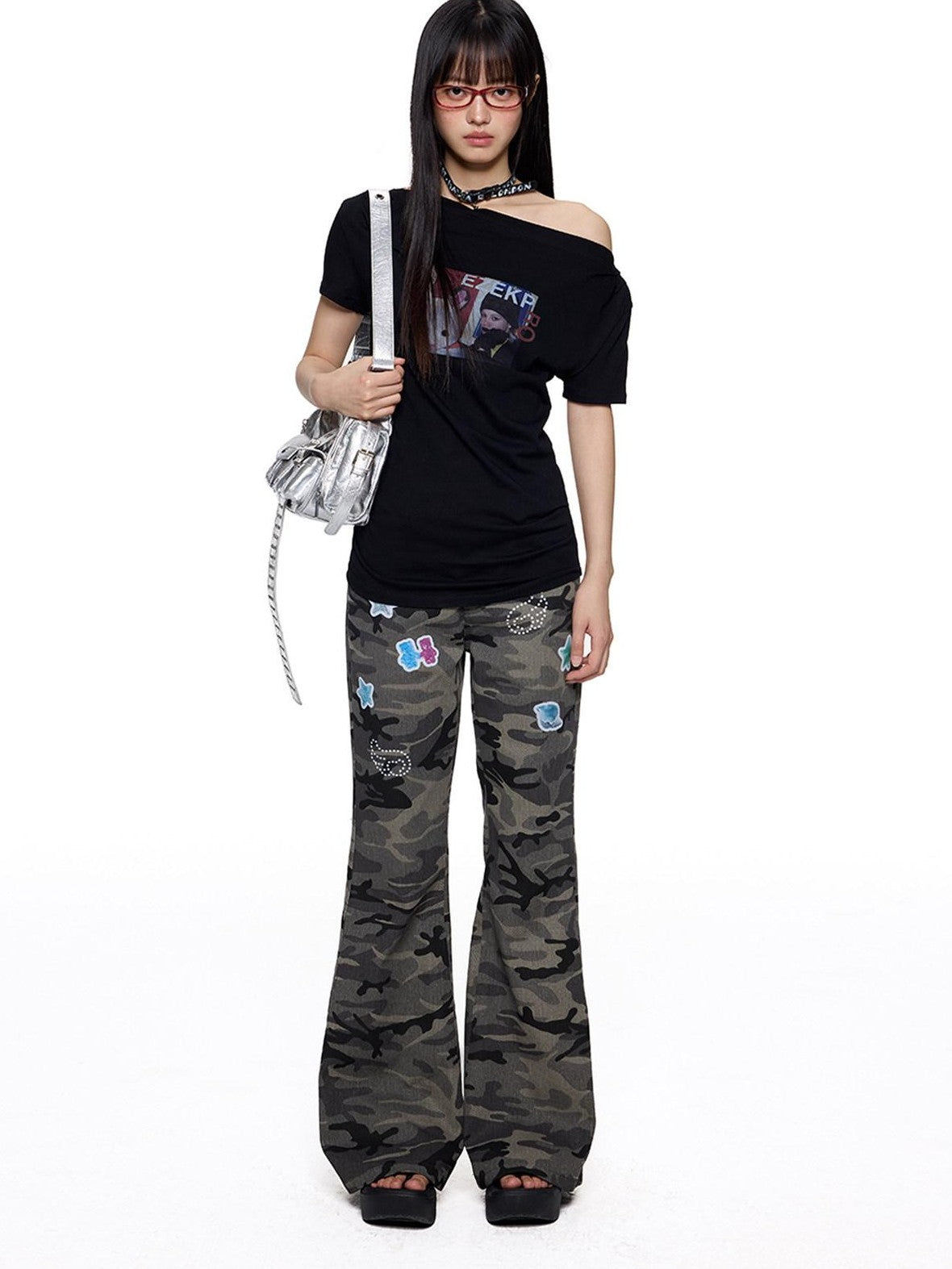 EZEK Camouflage Printed Slim Low Rise Women's Micro Elastic Flare Jeans