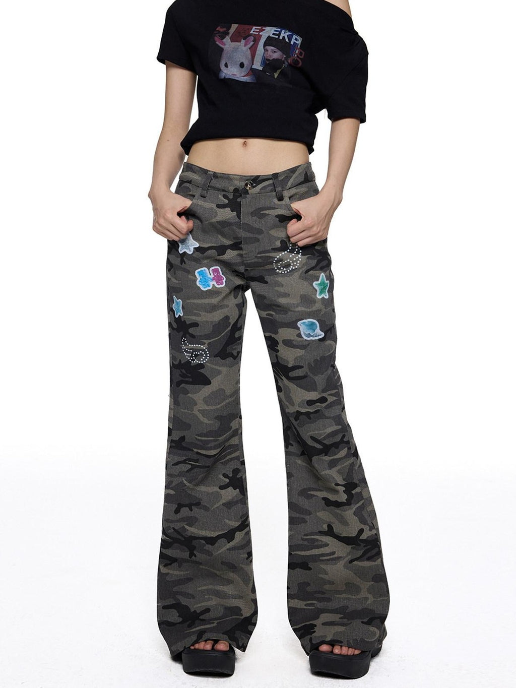 EZEK Camouflage Printed Slim Low Rise Women's Micro Elastic Flare Jeans