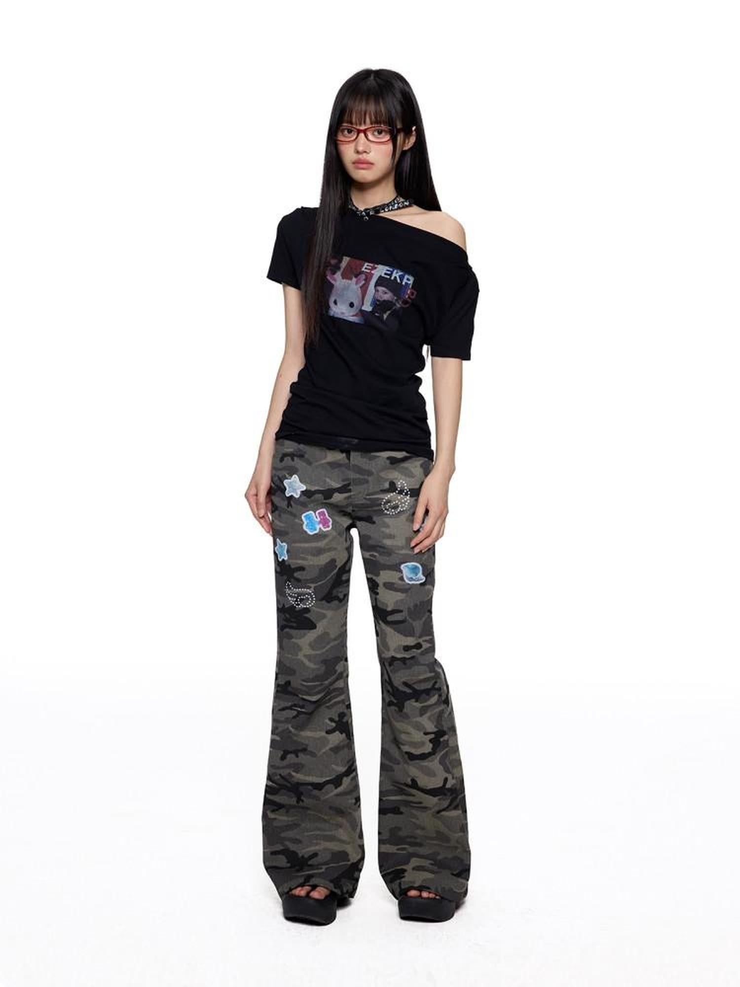 EZEK Camouflage Printed Slim Low Rise Women's Micro Elastic Flare Jeans