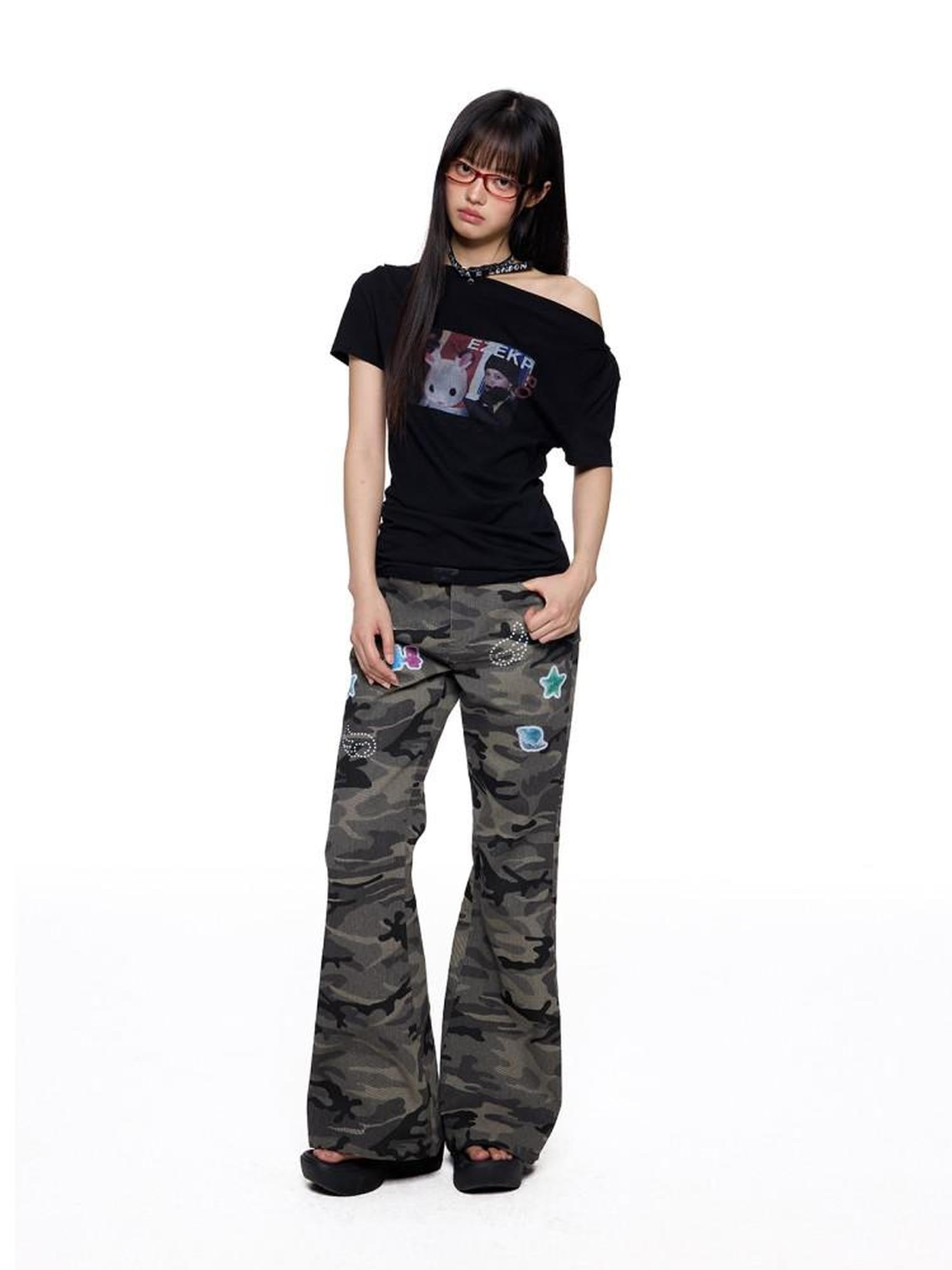 EZEK Camouflage Printed Slim Low Rise Women's Micro Elastic Flare Jeans