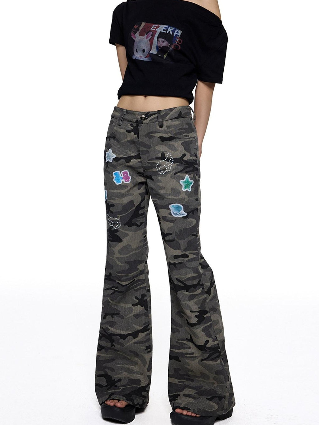 EZEK Camouflage Printed Slim Low Rise Women's Micro Elastic Flare Jeans