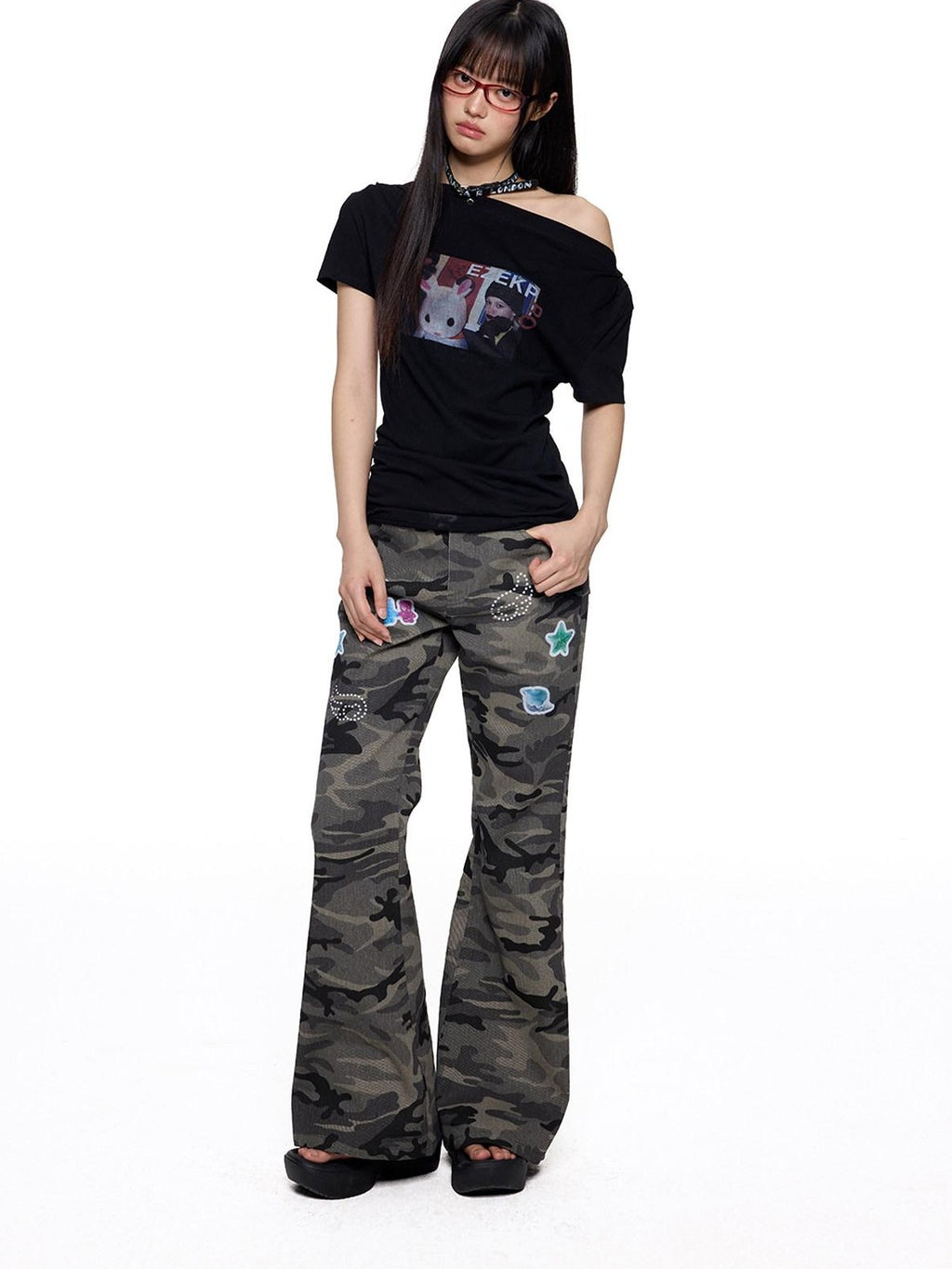 EZEK Camouflage Printed Slim Low Rise Women's Micro Elastic Flare Jeans
