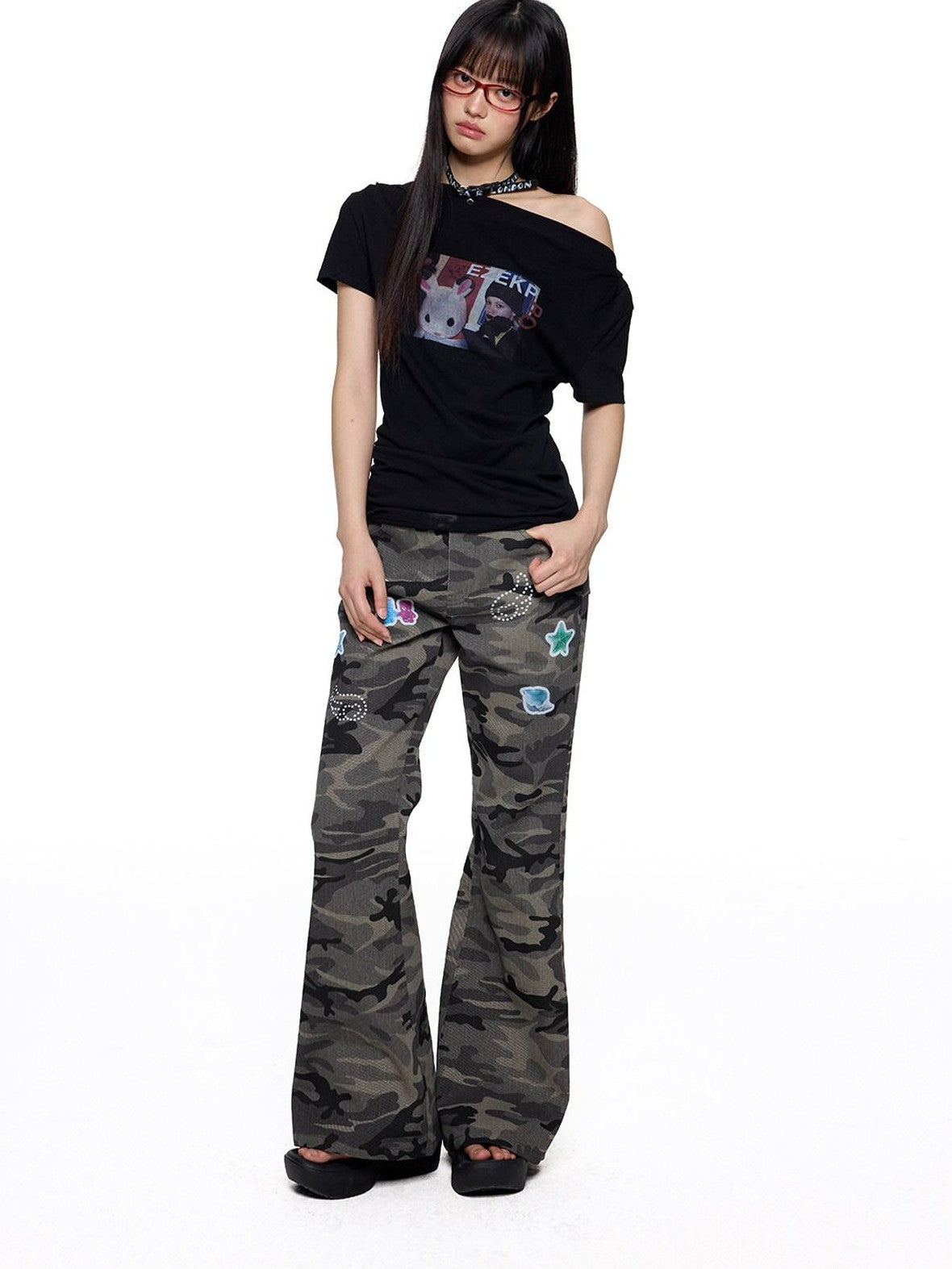 EZEK Camouflage Printed Slim Low Rise Women's Micro Elastic Flare Jeans