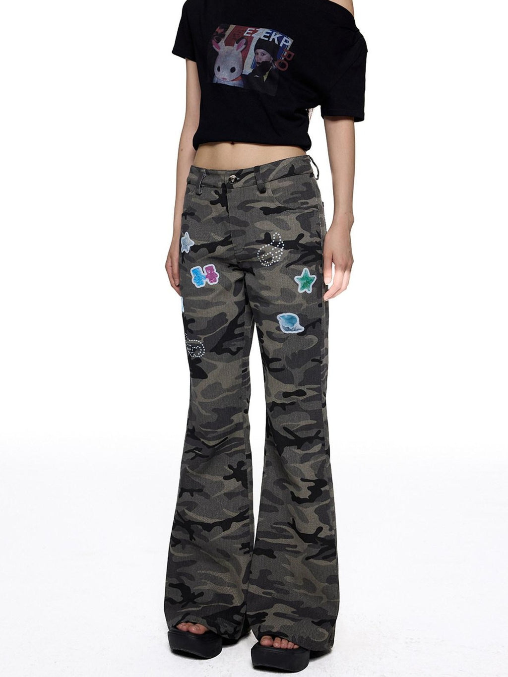 EZEK Camouflage Printed Slim Low Rise Women's Micro Elastic Flare Jeans