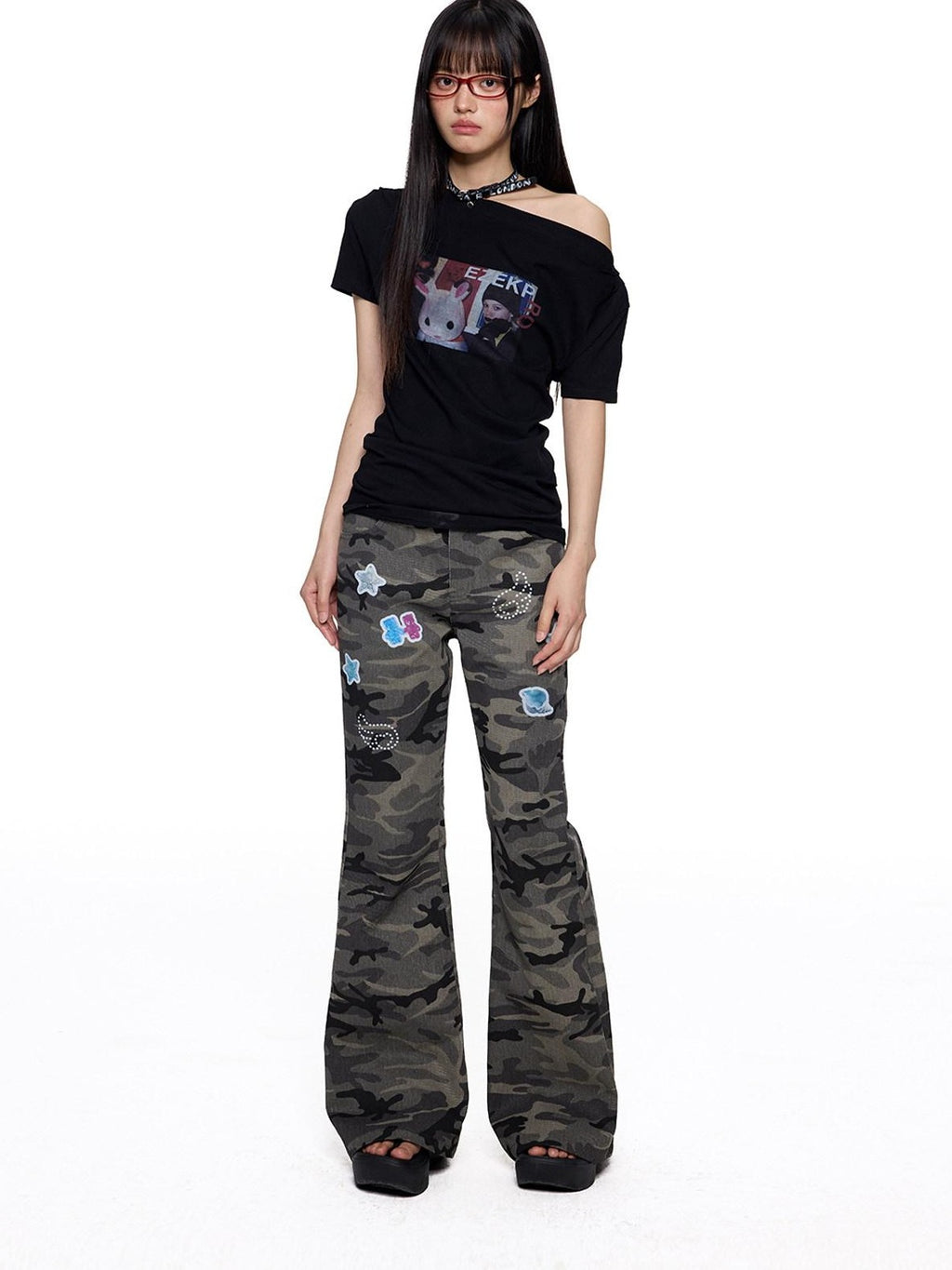 EZEK Camouflage Printed Slim Low Rise Women's Micro Elastic Flare Jeans