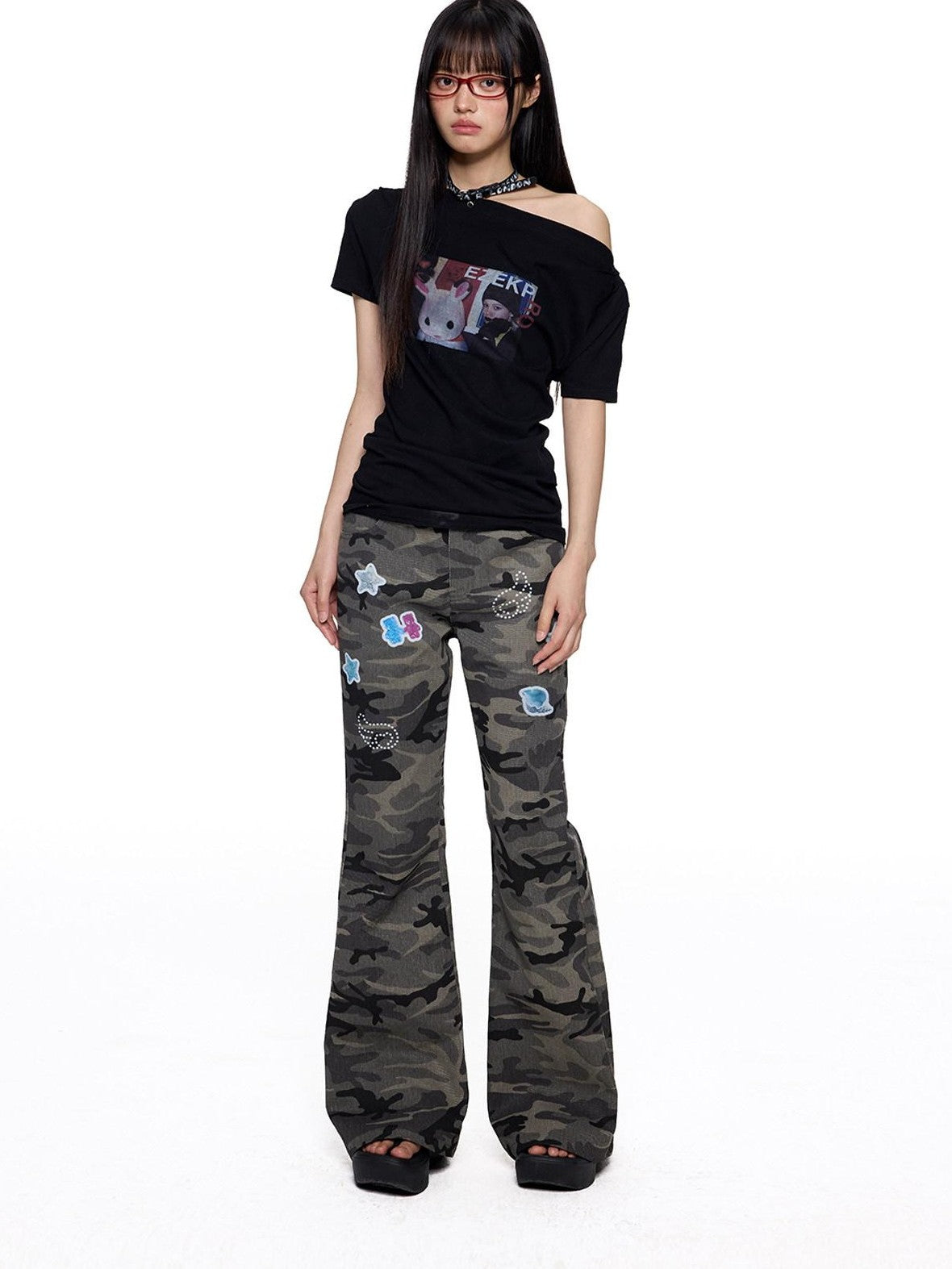 EZEK Camouflage Printed Slim Low Rise Women's Micro Elastic Flare Jeans