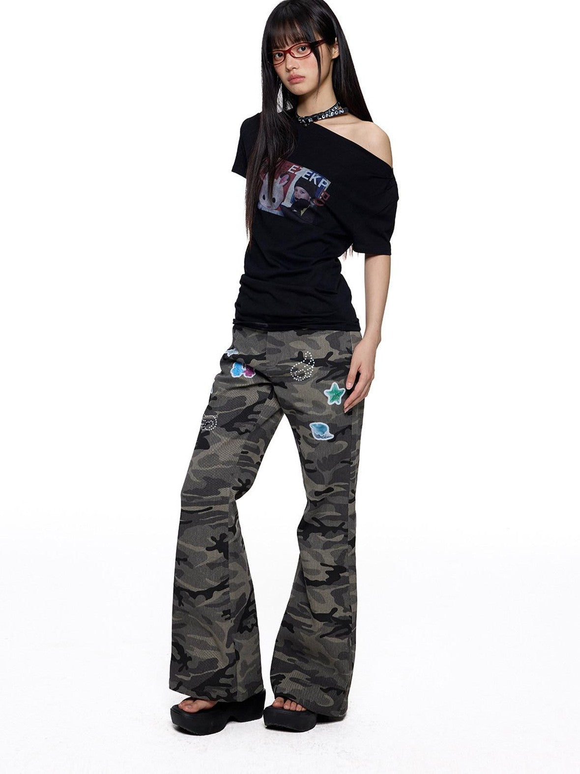 EZEK Camouflage Printed Slim Low Rise Women's Micro Elastic Flare Jeans