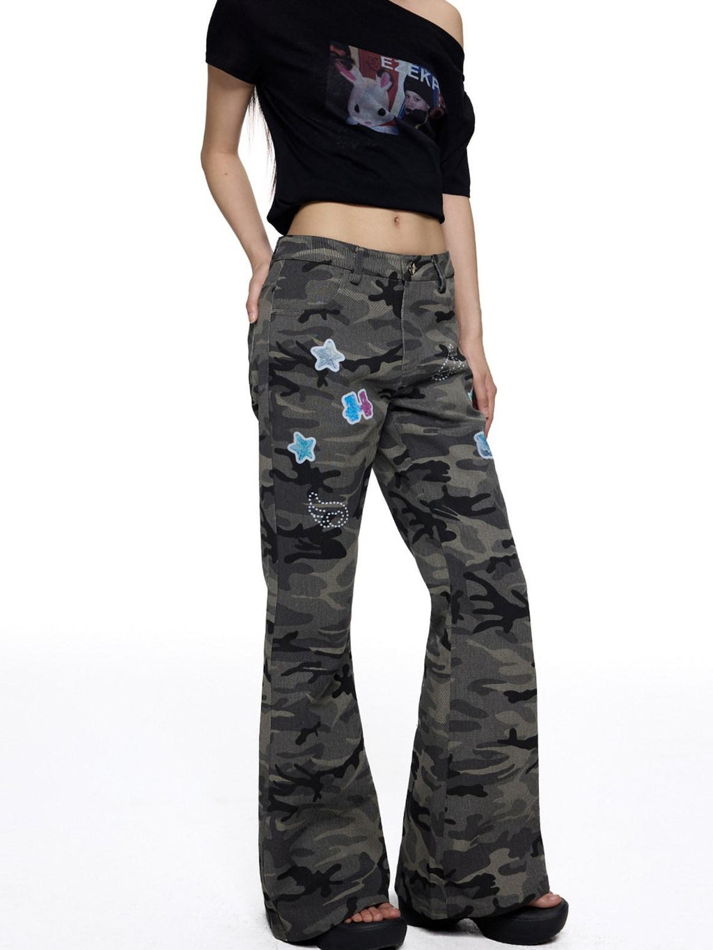 EZEK Camouflage Printed Slim Low Rise Women's Micro Elastic Flare Jeans