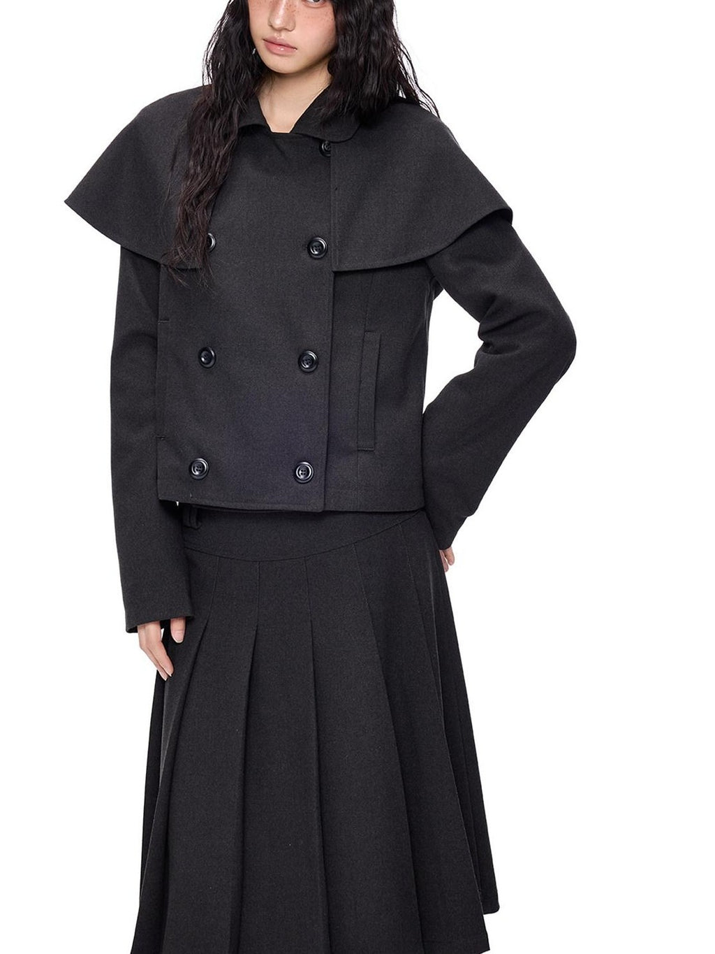 EZEK Cape Double Breasted Lapel Pocket Women's Polyester Cotton Blend Cropped Jackets