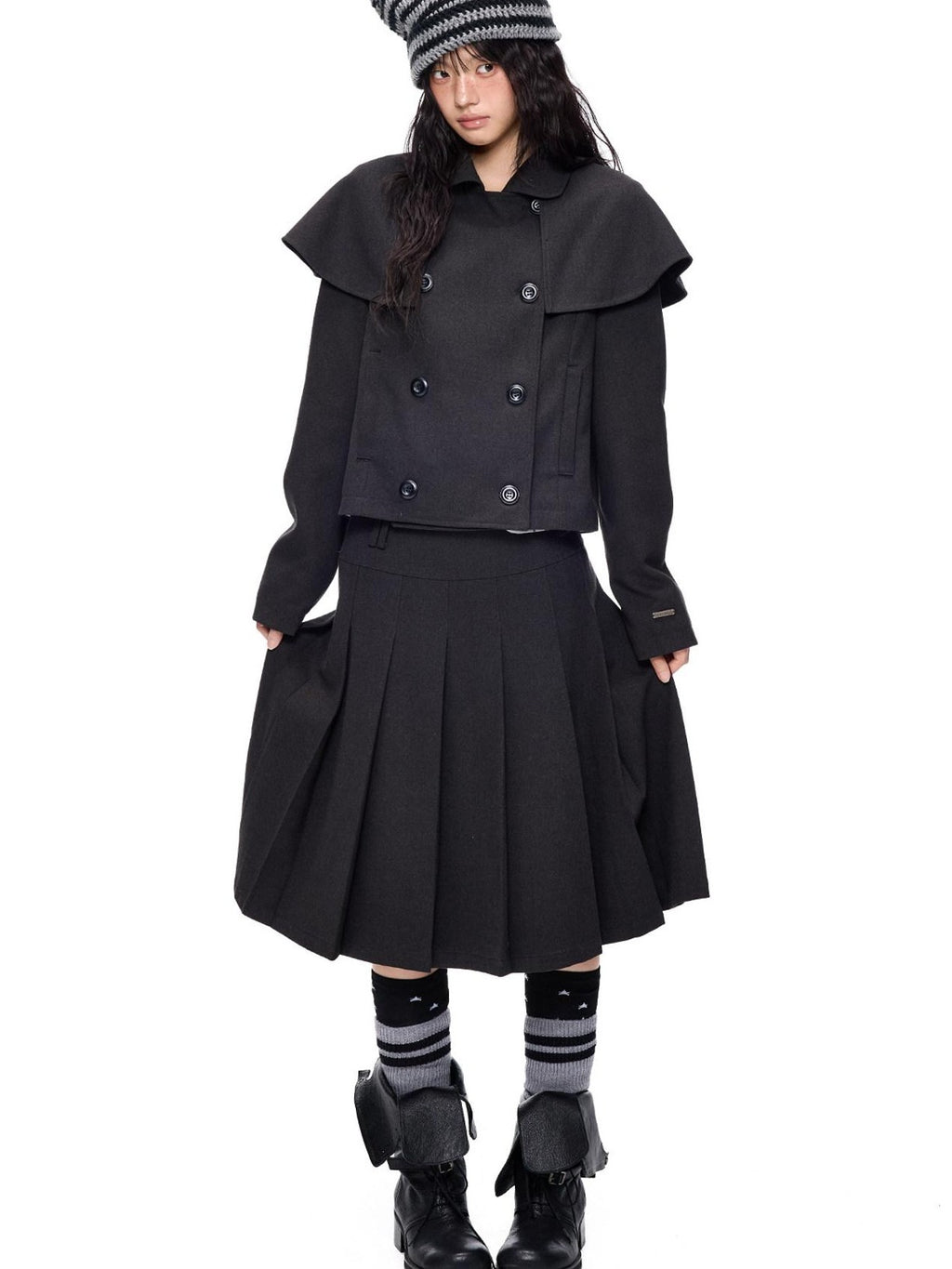 EZEK Cape Double Breasted Lapel Pocket Women's Polyester Cotton Blend Cropped Jackets