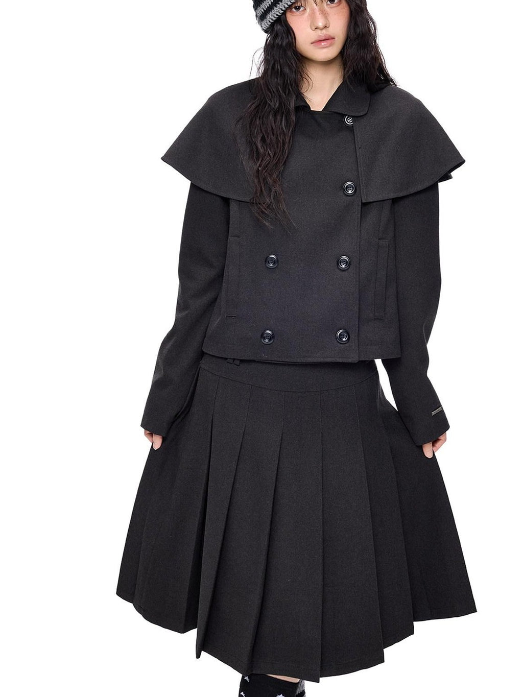 EZEK Cape Double Breasted Lapel Pocket Women's Polyester Cotton Blend Cropped Jackets