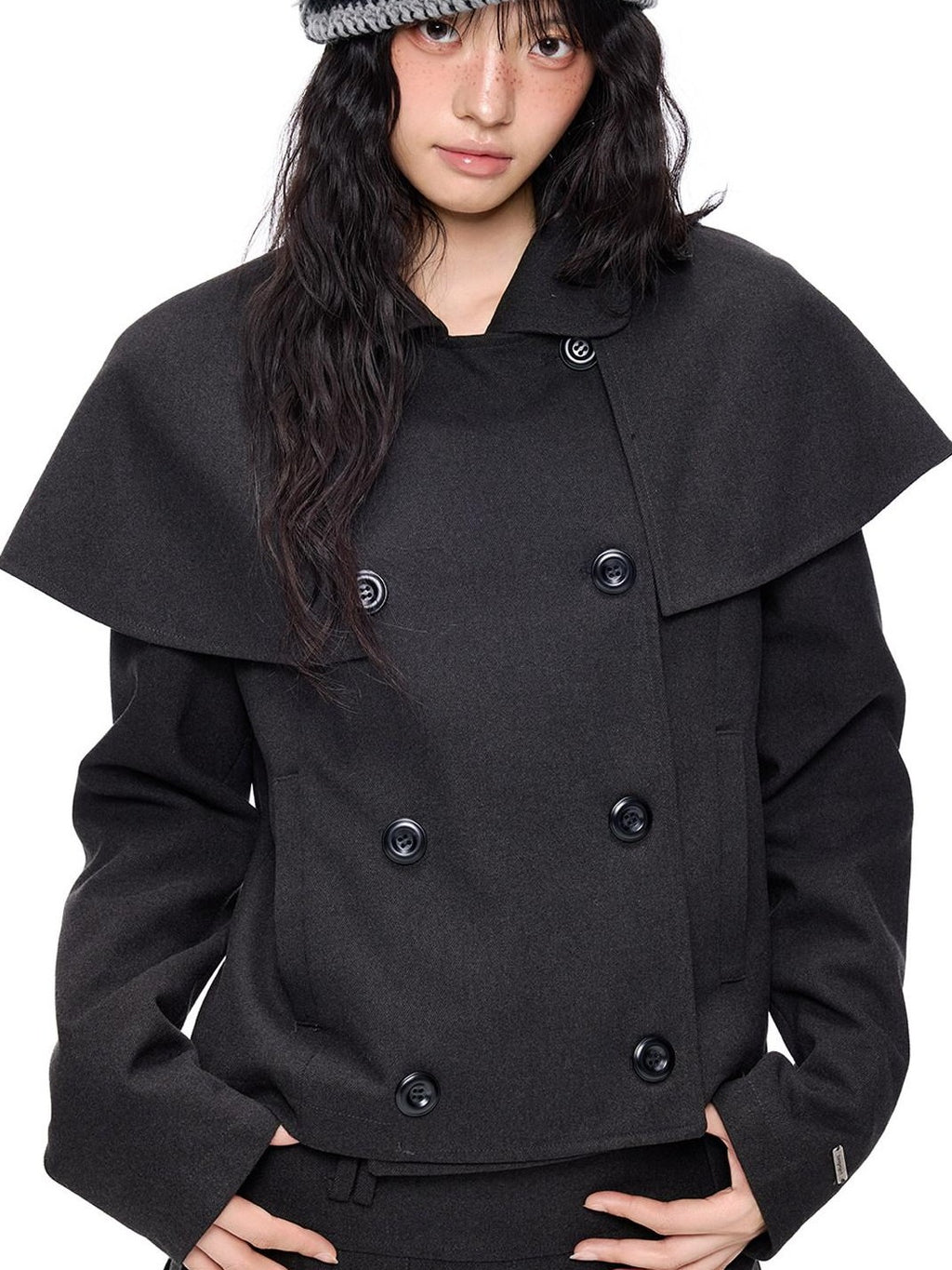 EZEK Cape Double Breasted Lapel Pocket Women's Polyester Cotton Blend Cropped Jackets