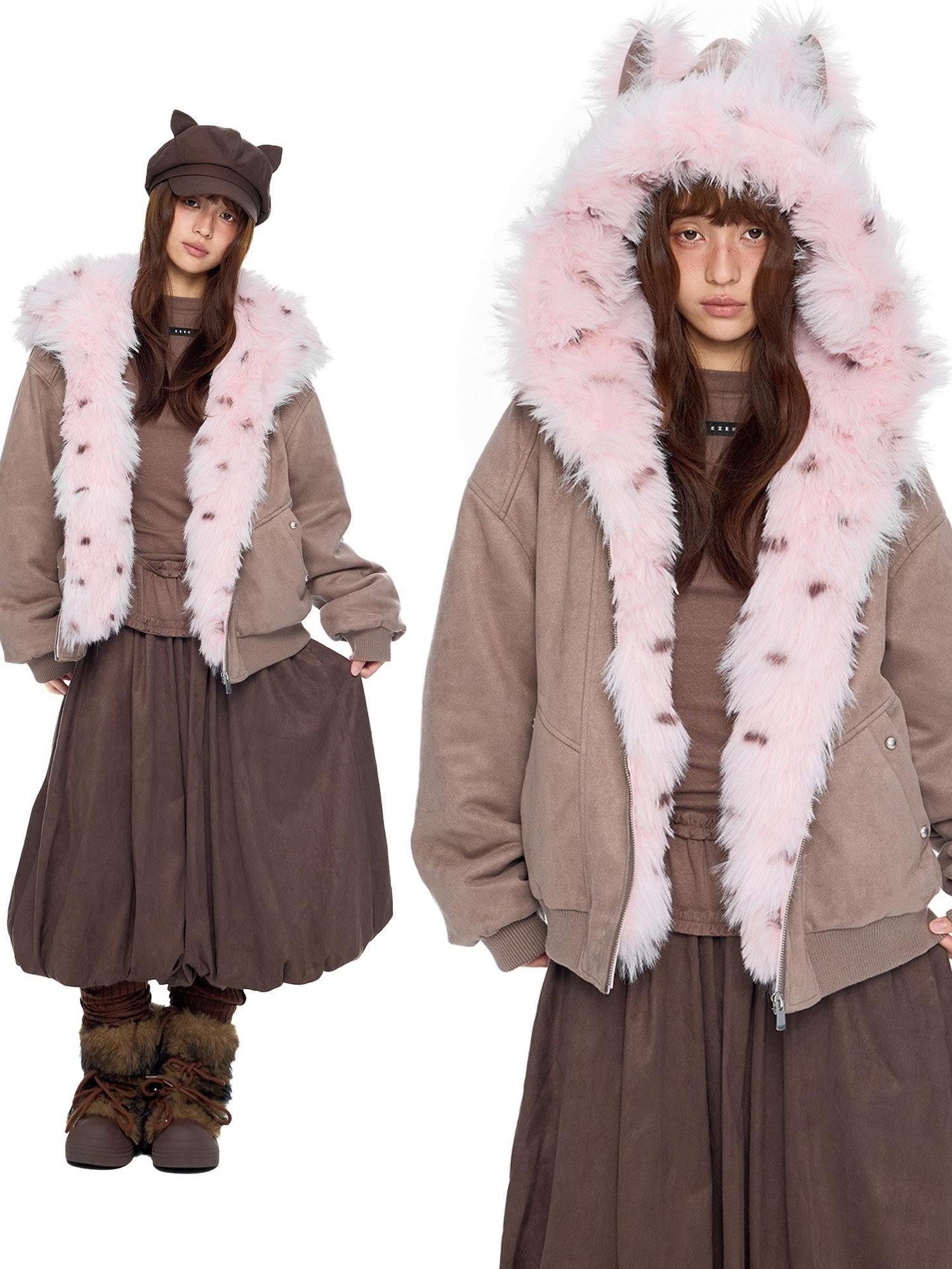 EZEK Cat Ear Fuzzy Hooded Zipper Women's Faux Suede Puffer Jackets
