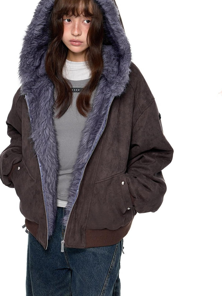 EZEK Cat Ear Fuzzy Hooded Zipper Women's Faux Suede Puffer Jackets
