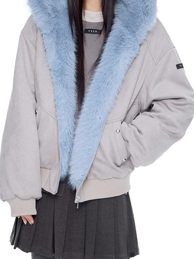EZEK Cat Ear Fuzzy Hooded Zipper Women's Faux Suede Puffer Jackets
