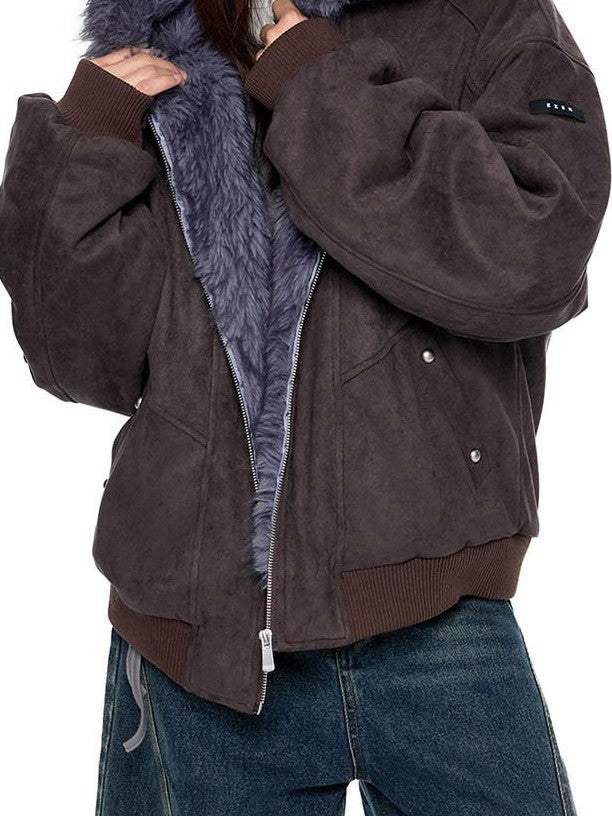 EZEK Cat Ear Fuzzy Hooded Zipper Women's Faux Suede Puffer Jackets