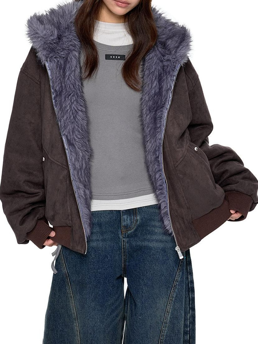 EZEK Cat Ear Fuzzy Hooded Zipper Women's Faux Suede Puffer Jackets