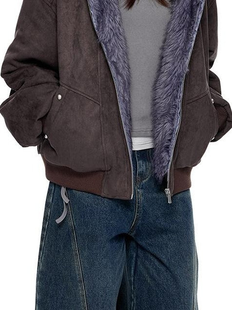 EZEK Cat Ear Fuzzy Hooded Zipper Women's Faux Suede Puffer Jackets