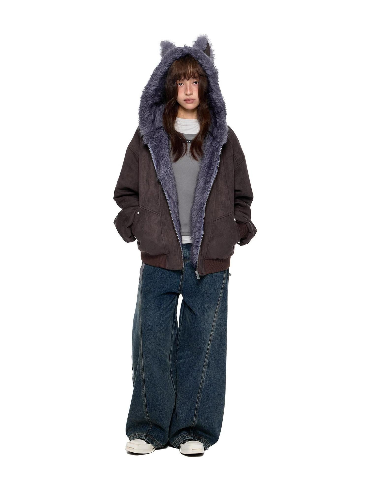 EZEK Cat Ear Fuzzy Hooded Zipper Women's Faux Suede Puffer Jackets