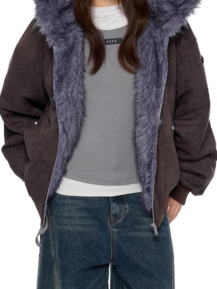 EZEK Cat Ear Fuzzy Hooded Zipper Women's Faux Suede Puffer Jackets