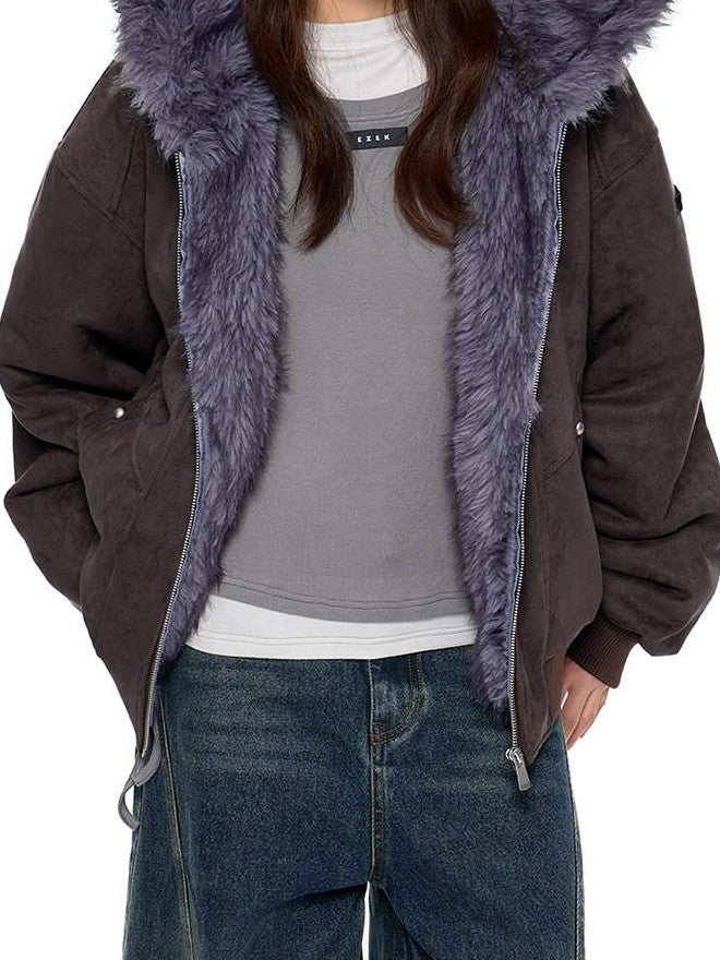 EZEK Cat Ear Fuzzy Hooded Zipper Women's Faux Suede Puffer Jackets