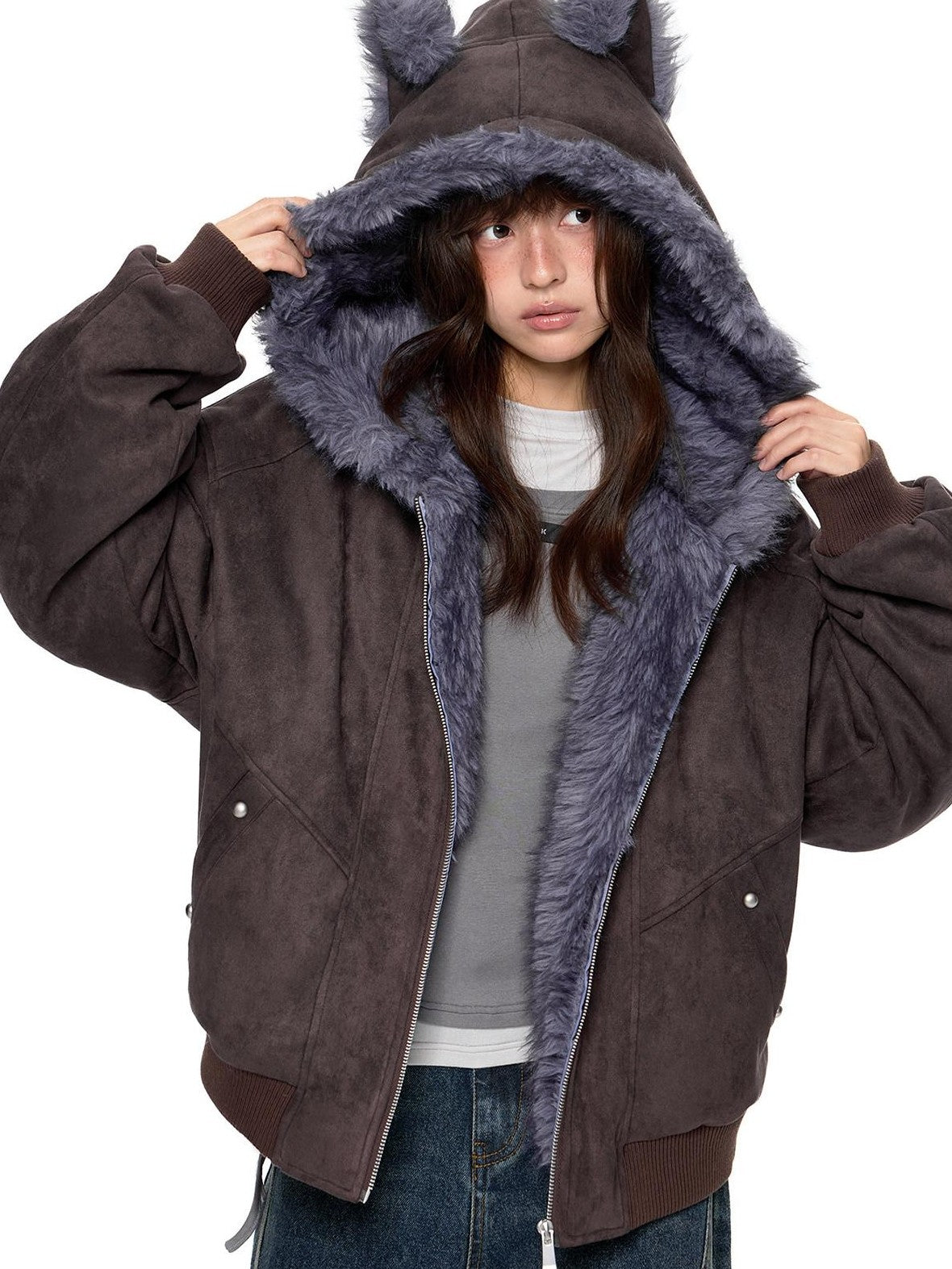 EZEK Cat Ear Fuzzy Hooded Zipper Women's Faux Suede Puffer Jackets