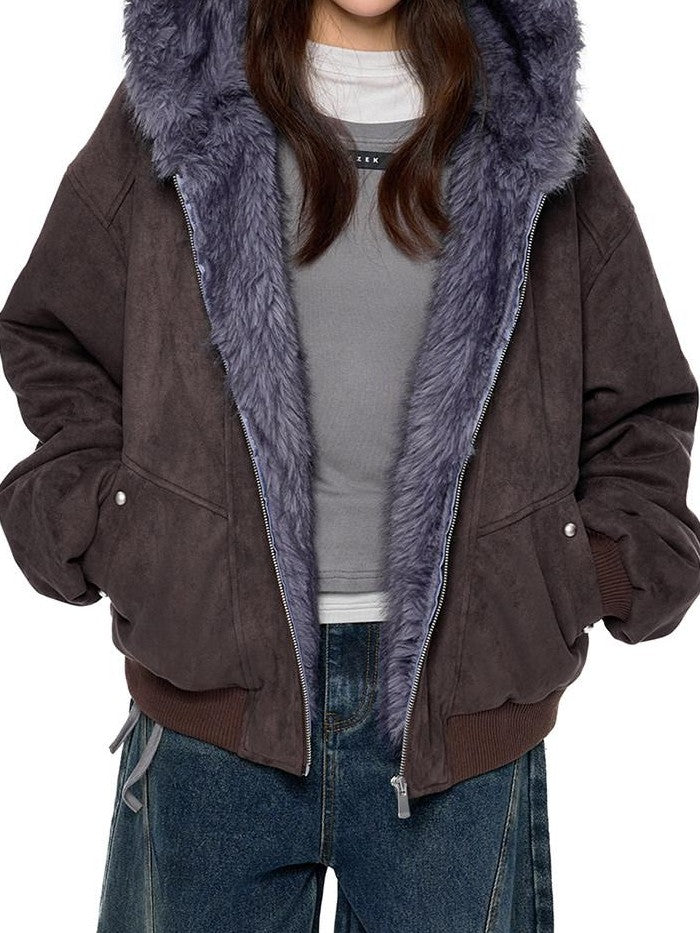 EZEK Cat Ear Fuzzy Hooded Zipper Women's Faux Suede Puffer Jackets