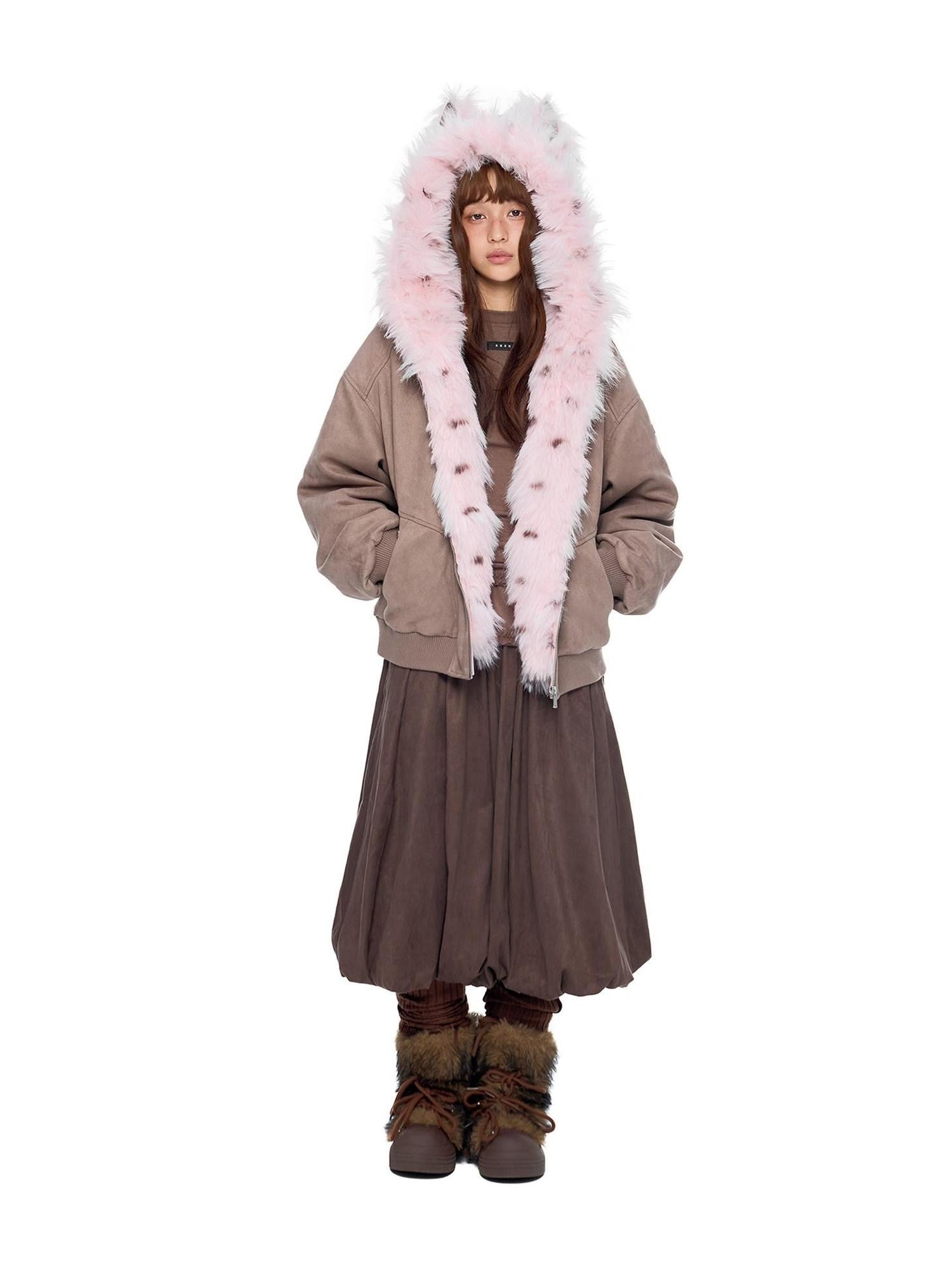 EZEK Cat Ear Fuzzy Hooded Zipper Women's Faux Suede Puffer Jackets