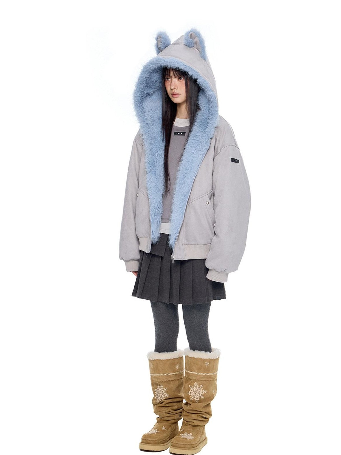 EZEK Cat Ear Fuzzy Hooded Zipper Women's Faux Suede Puffer Jackets