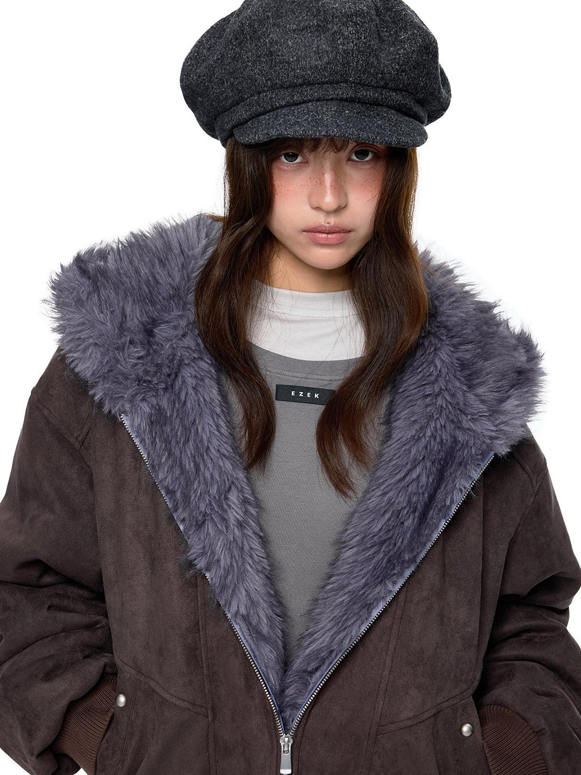 EZEK Cat Ear Fuzzy Hooded Zipper Women's Faux Suede Puffer Jackets