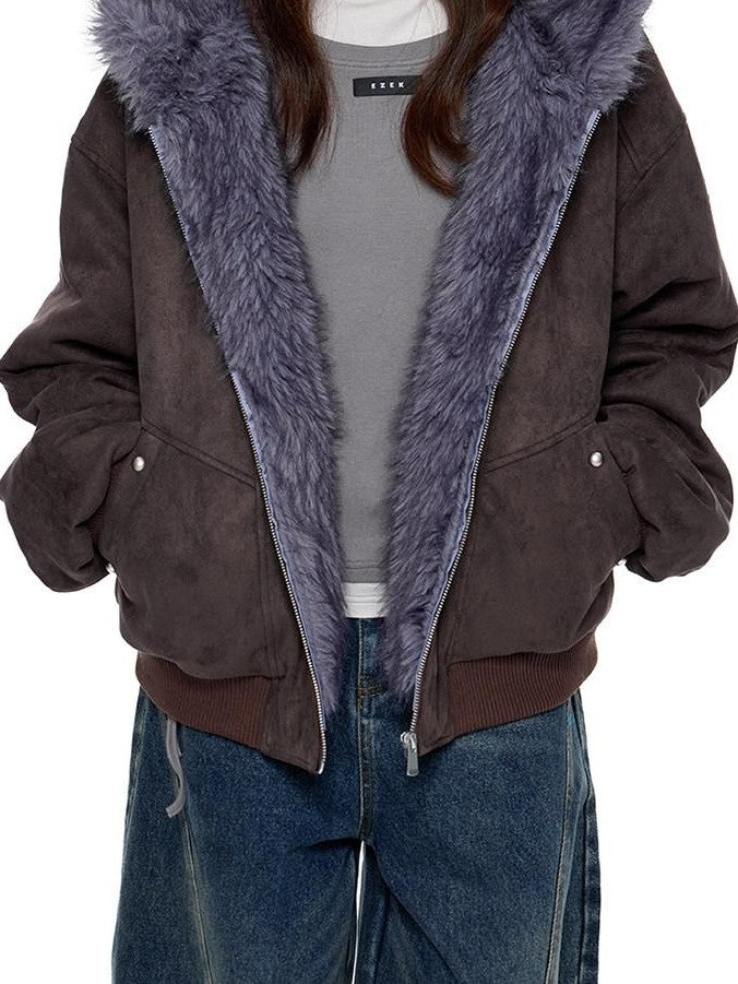 EZEK Cat Ear Fuzzy Hooded Zipper Women's Faux Suede Puffer Jackets