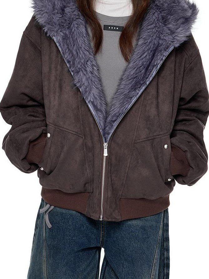 EZEK Cat Ear Fuzzy Hooded Zipper Women's Faux Suede Puffer Jackets